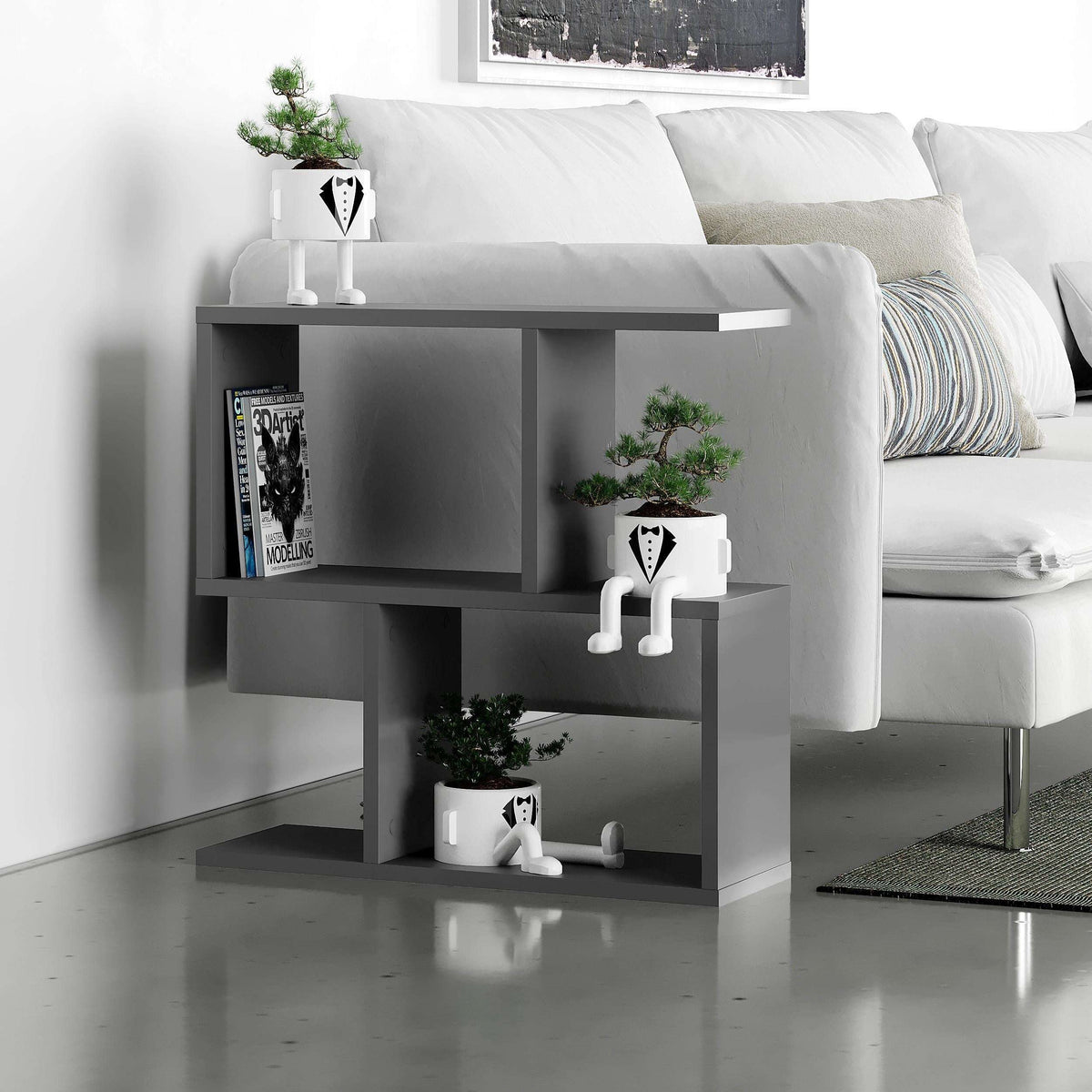 White modern side table with 4 open shelves, small plants and decor