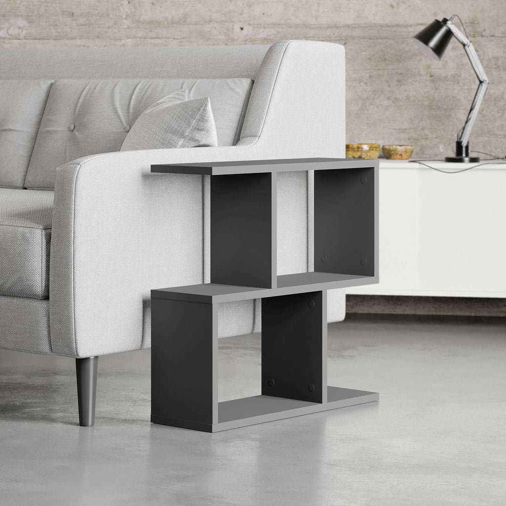 White modern side table with 4 open shelves and dark shelf inserts