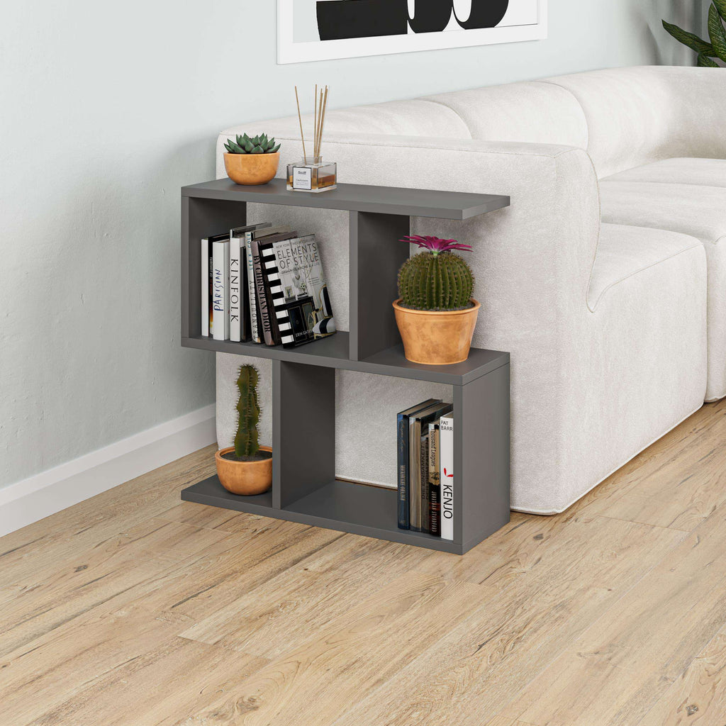 Grey modern side table with 4 open shelves, cactus and books on display