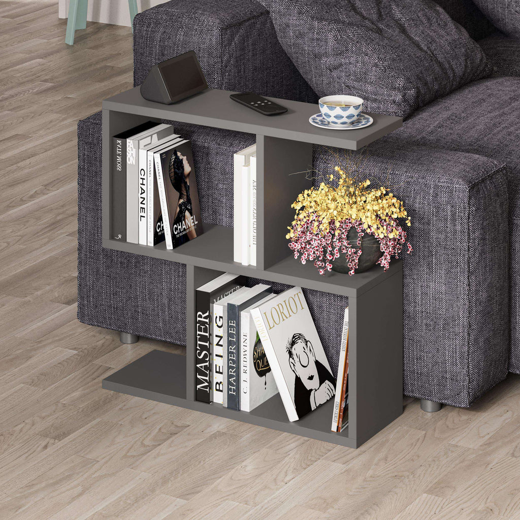 Modern side table with 4 open shelves, dark grey cube frame and wide tabletop.