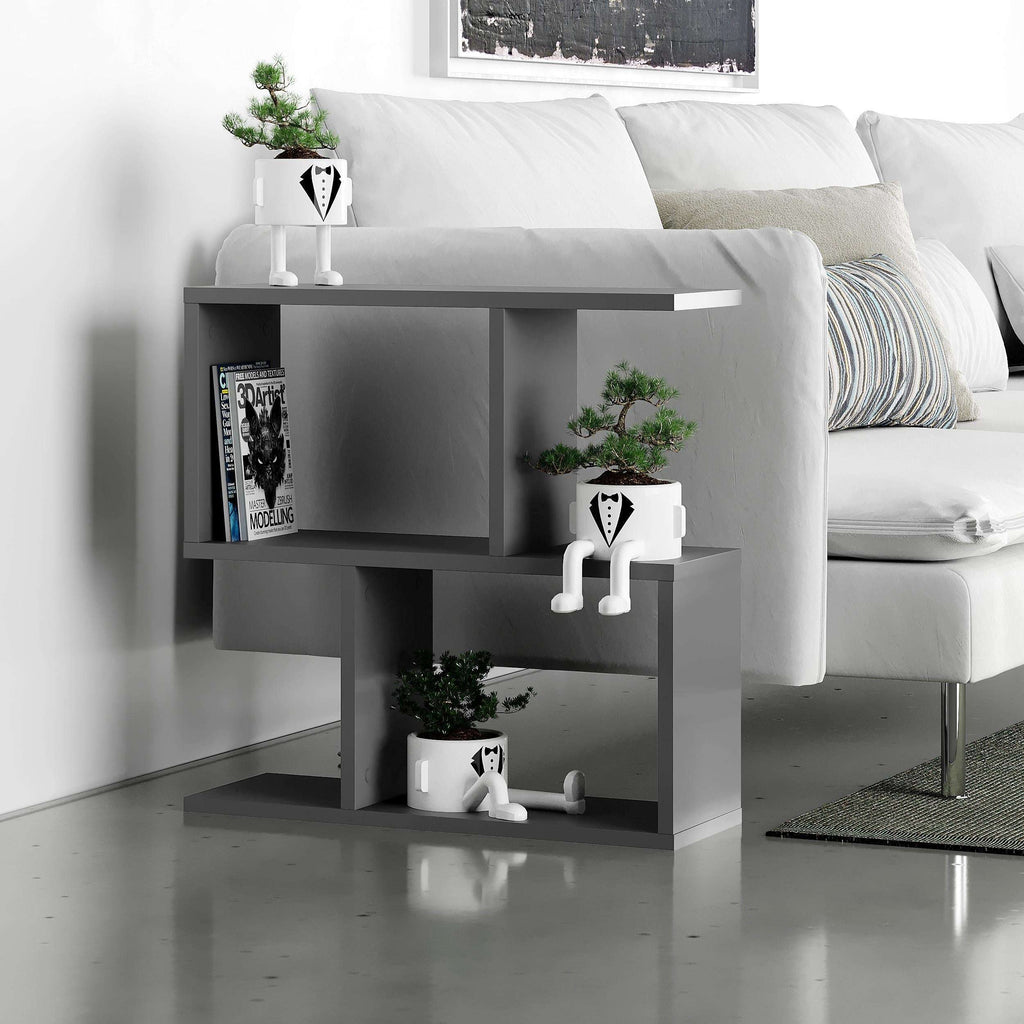 Modern side table with 4 open shelves, light grey frame and open cubbies for decor.