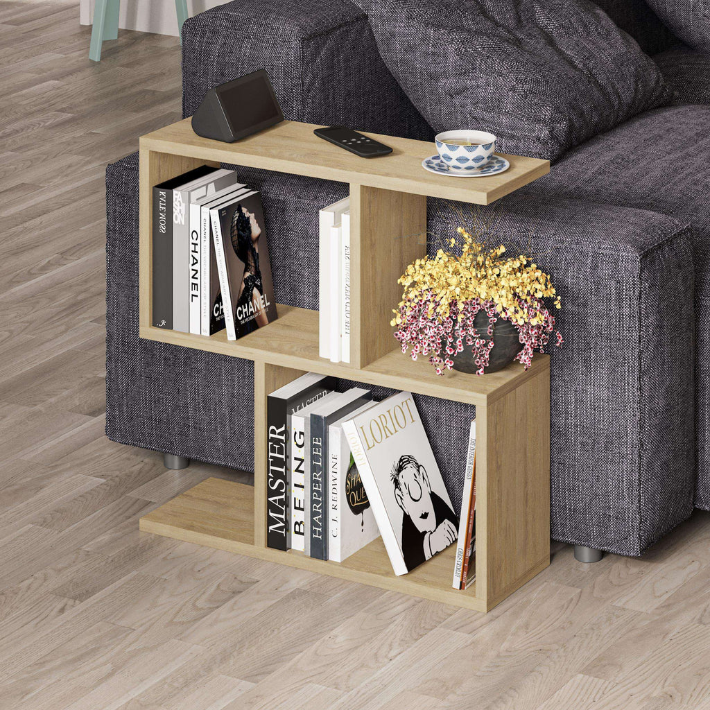 Modern side table with four open shelves in light wood, coffee remote and flowers on top
