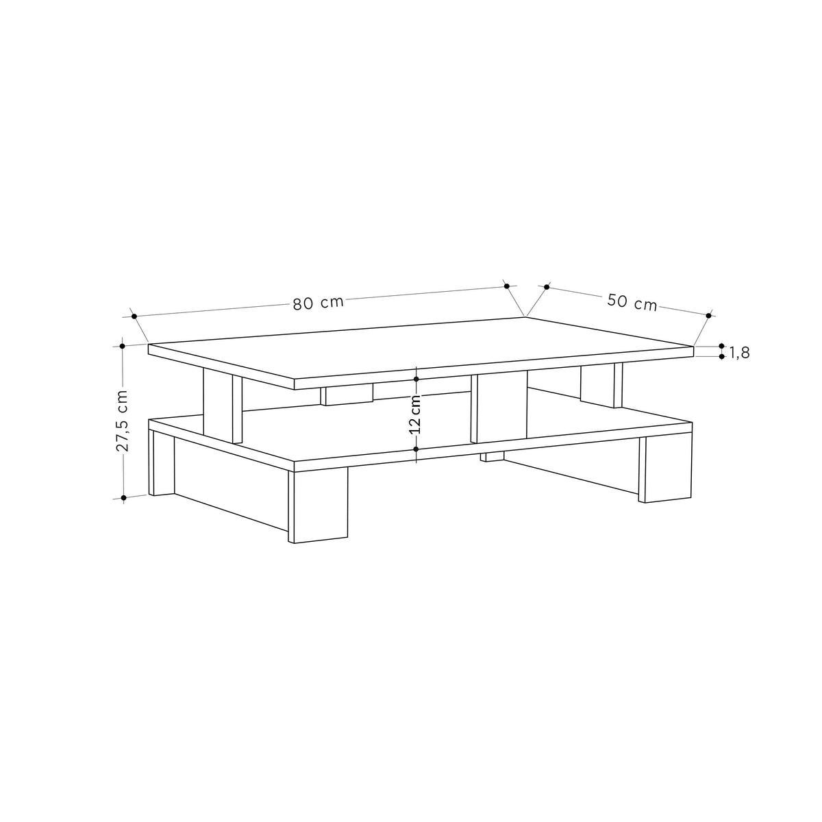 Coffee table diagram with 80 cm length, 50 cm width, 27.5 cm height
