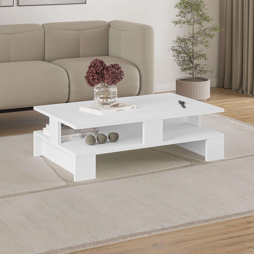 White multipurpose coffee table with open lower shelf and rectangular tabletop
