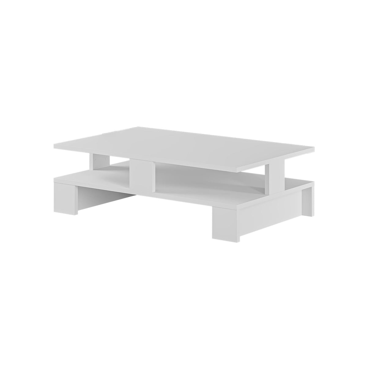 White coffee table with open shelf and side supports, multipurpose design