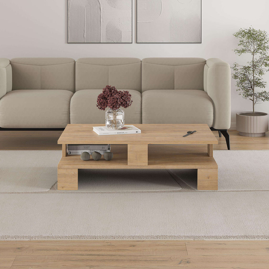 Light oak modern coffee table with open storage shelves