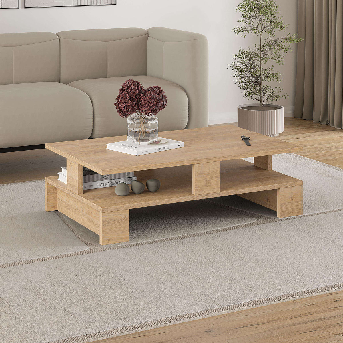 Light wood coffee table with open shelf and rectangular tabletop