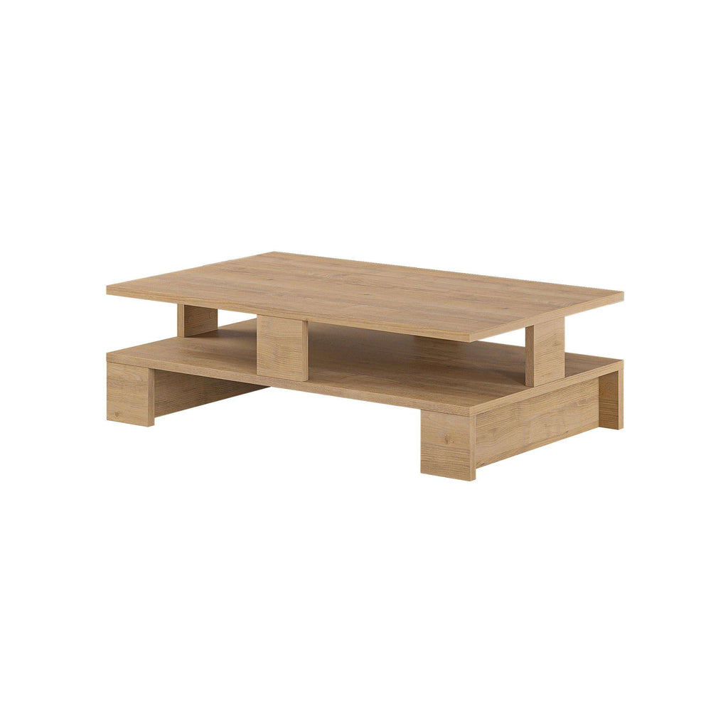 Oak-finish coffee table with open storage shelf and sturdy legs