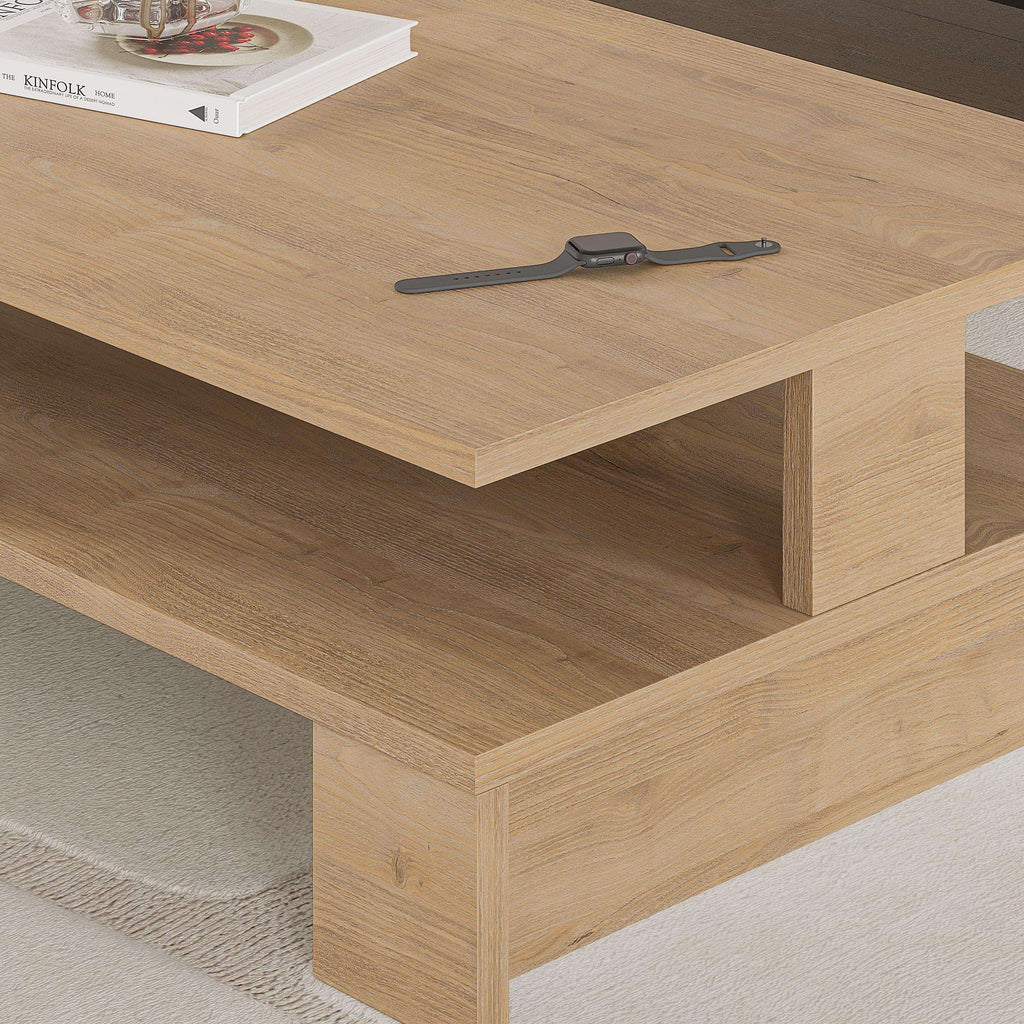 Light oak coffee table with top surface and open lower shelf