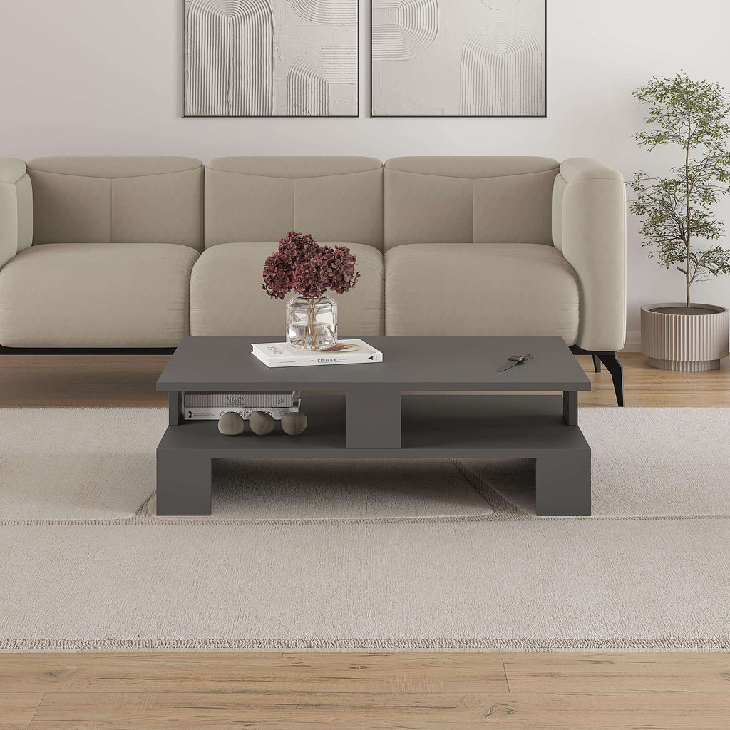 Anthracite modern coffee table with open storage and wide legs