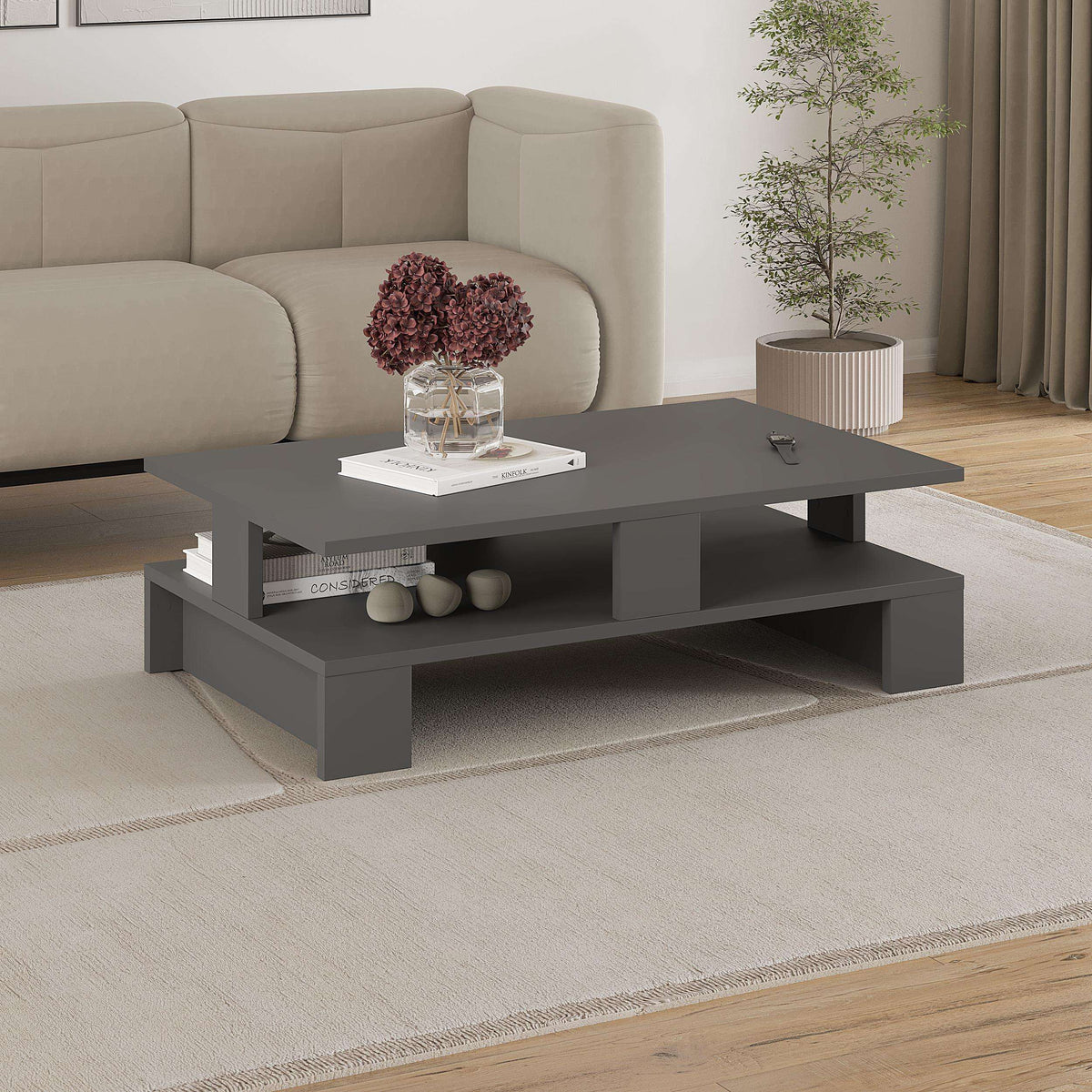 Anthracite modern coffee table with two open side shelves