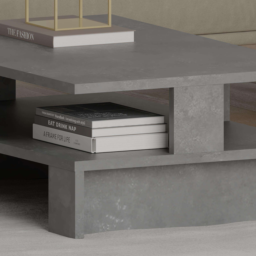Modern coffee table with open storage drawer and thick grey tabletop