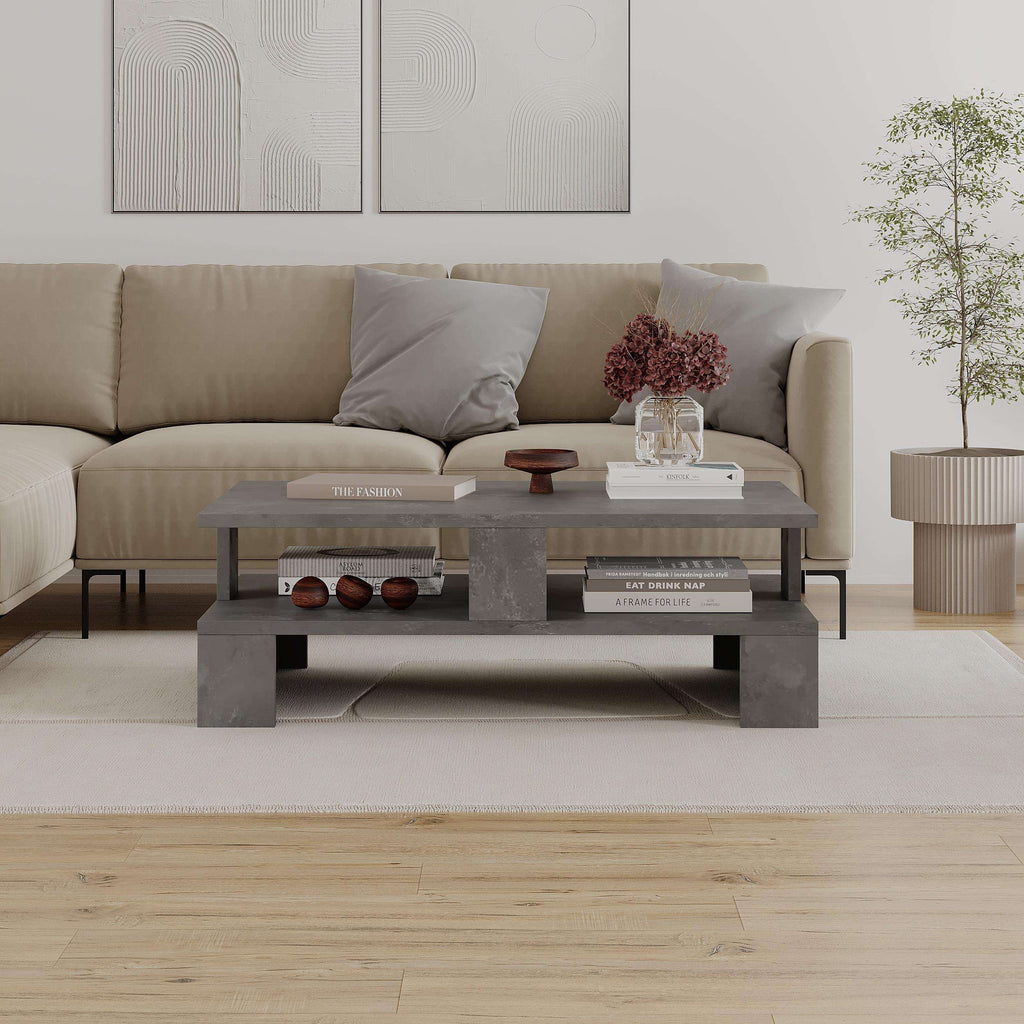 Modern multipurpose coffee table in light grey with storage shelf and drawers
