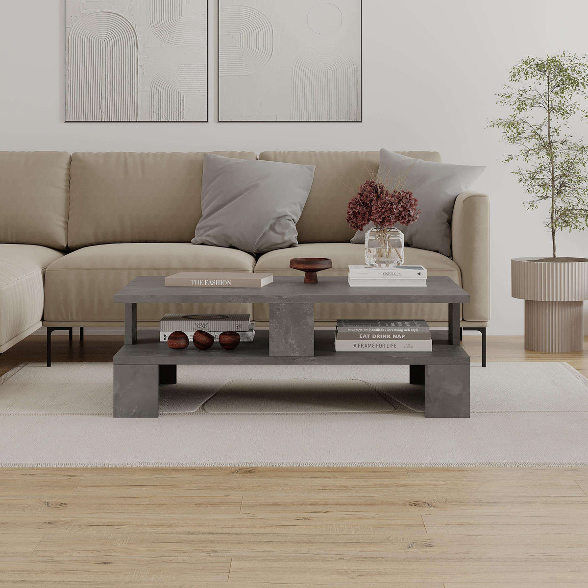 Modern multipurpose coffee table in light grey with storage shelf and drawers