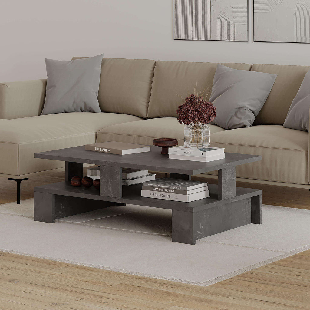 Retro grey modern coffee table with open storage shelves