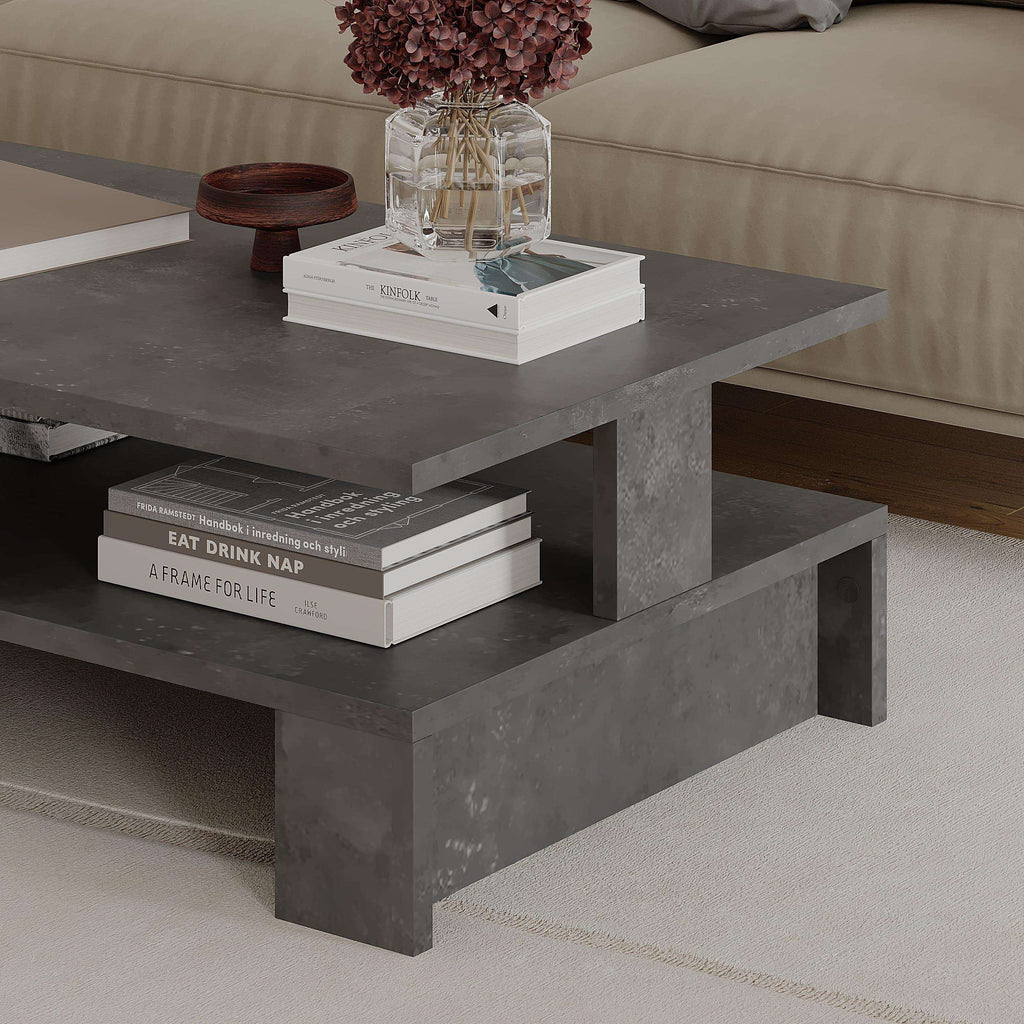 Retro grey modern coffee table with open shelf and tabletop items