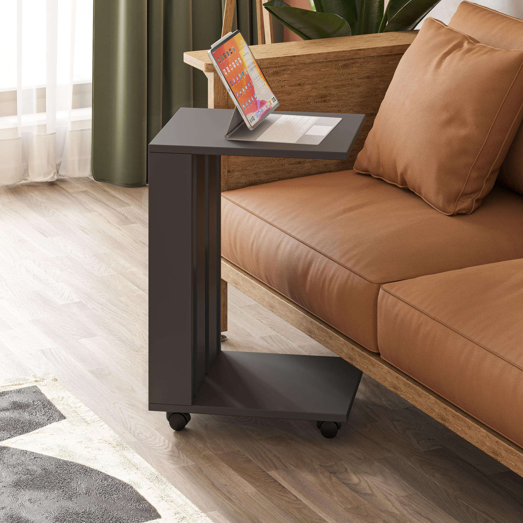 Modern dark gray side table with open shelf and caster wheels