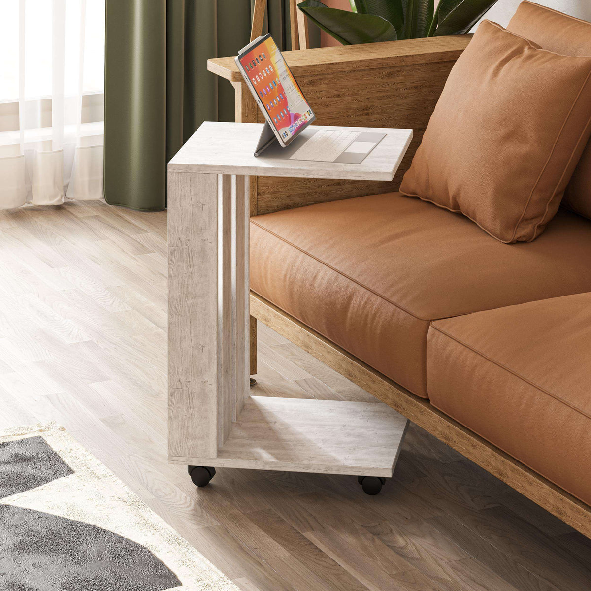Modern white side table with lower shelf and caster wheels, square tabletop