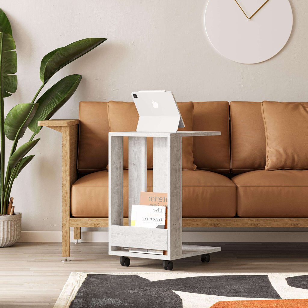 Modern side table with top tray support and open shelf, casters, light white finish