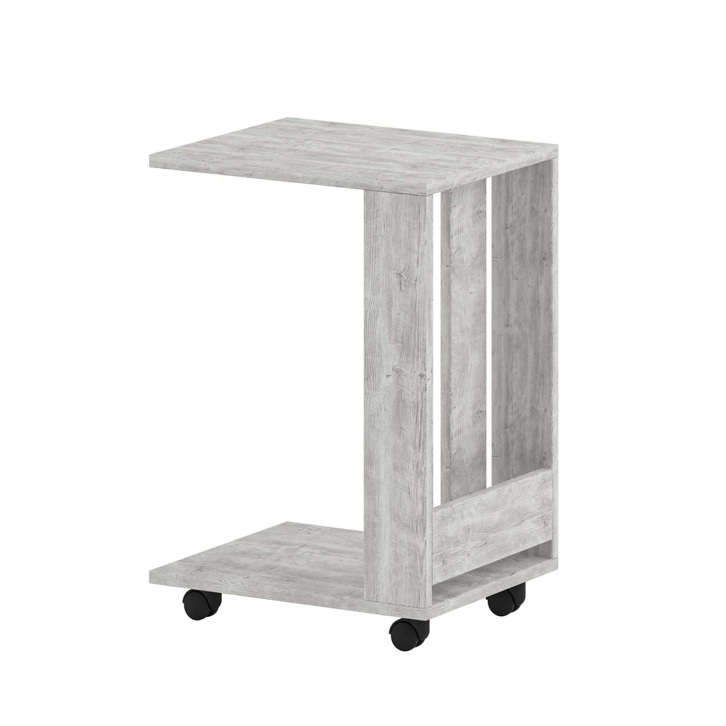 Modern side table with open lower shelf, square top, gray wood-look finish, casters