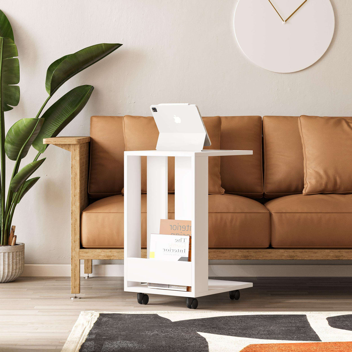 Modern side table with open shelf and rolling casters, ancient white wood finish