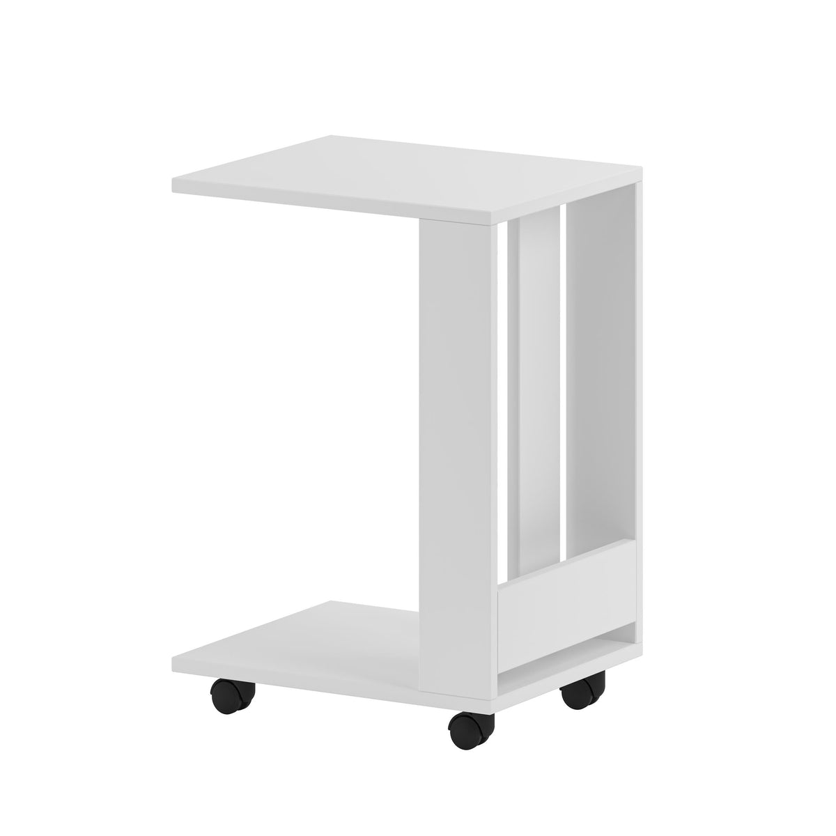 Modern white side table with open shelf and rolling casters, square top