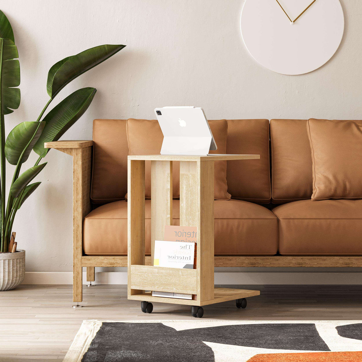 Modern side table in light oak wood with open shelf and caster wheels
