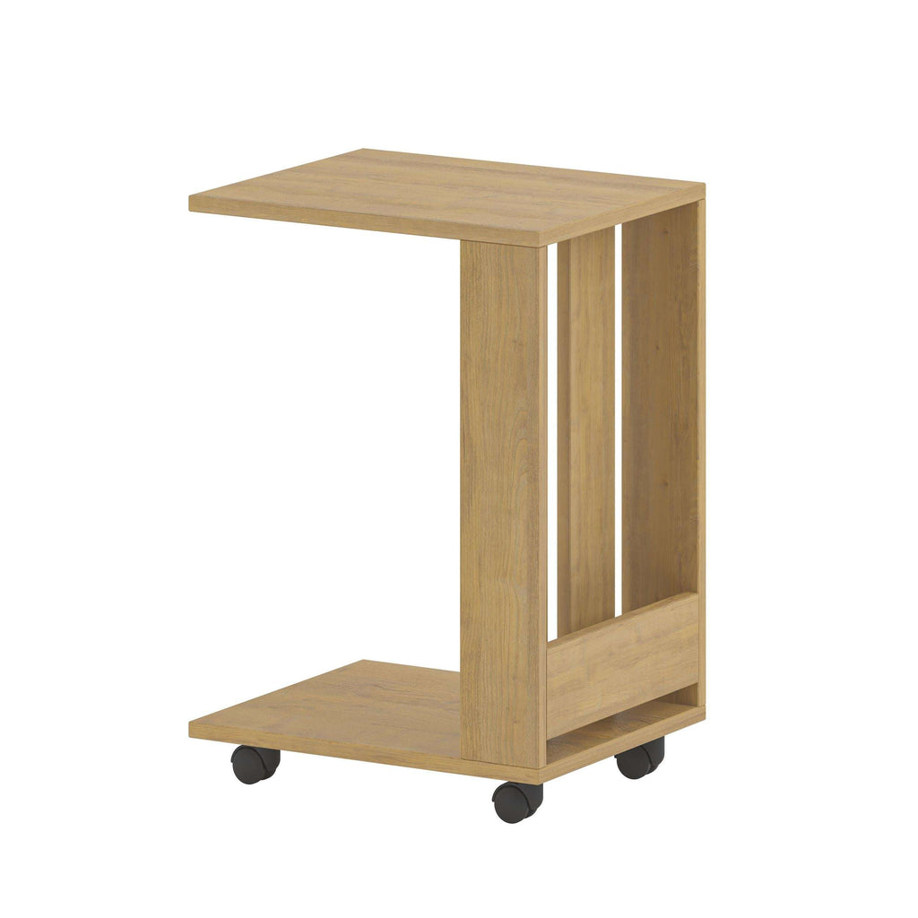Light oak modern side table with open shelf and four caster wheels