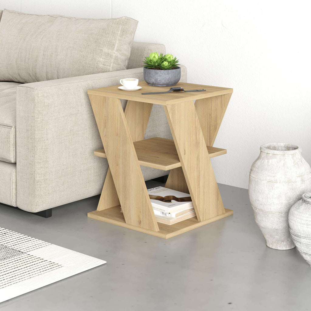 Light wood modern coffee table with open shelves and angled geometric legs