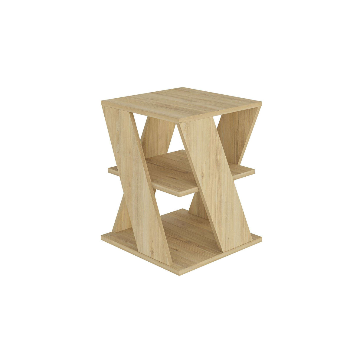 Light oak-style modern coffee table with open storage shelves and angled legs