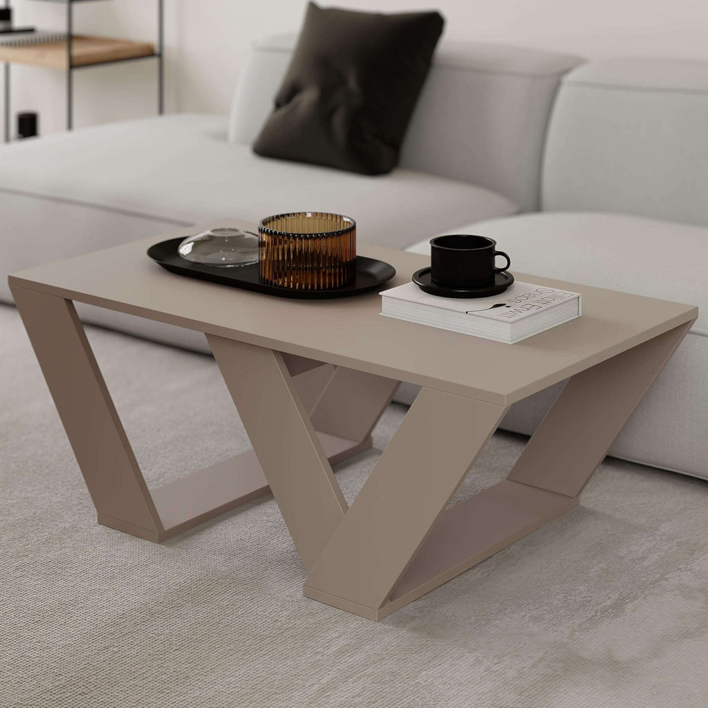 Oak wood coffee table with geometric X-shaped legs and wide rectangular top