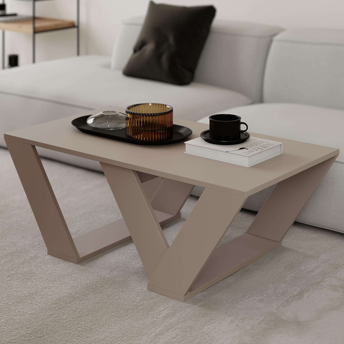 Oak wood coffee table with geometric X-shaped legs and wide rectangular top