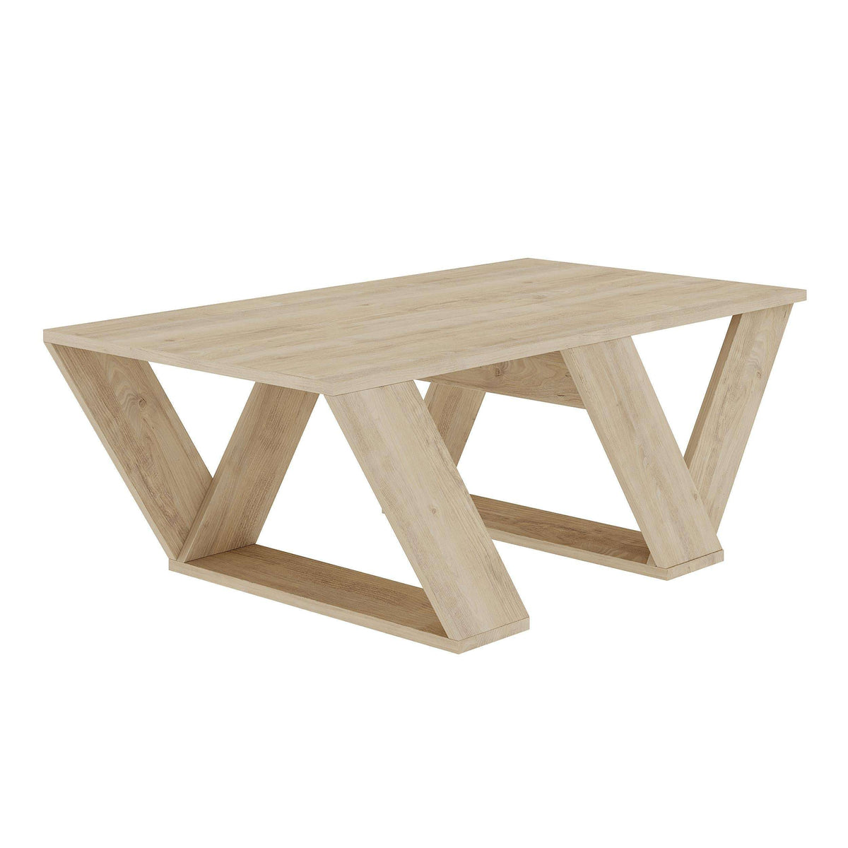 Light oak rectangular coffee table with open geometric legs and cross braces