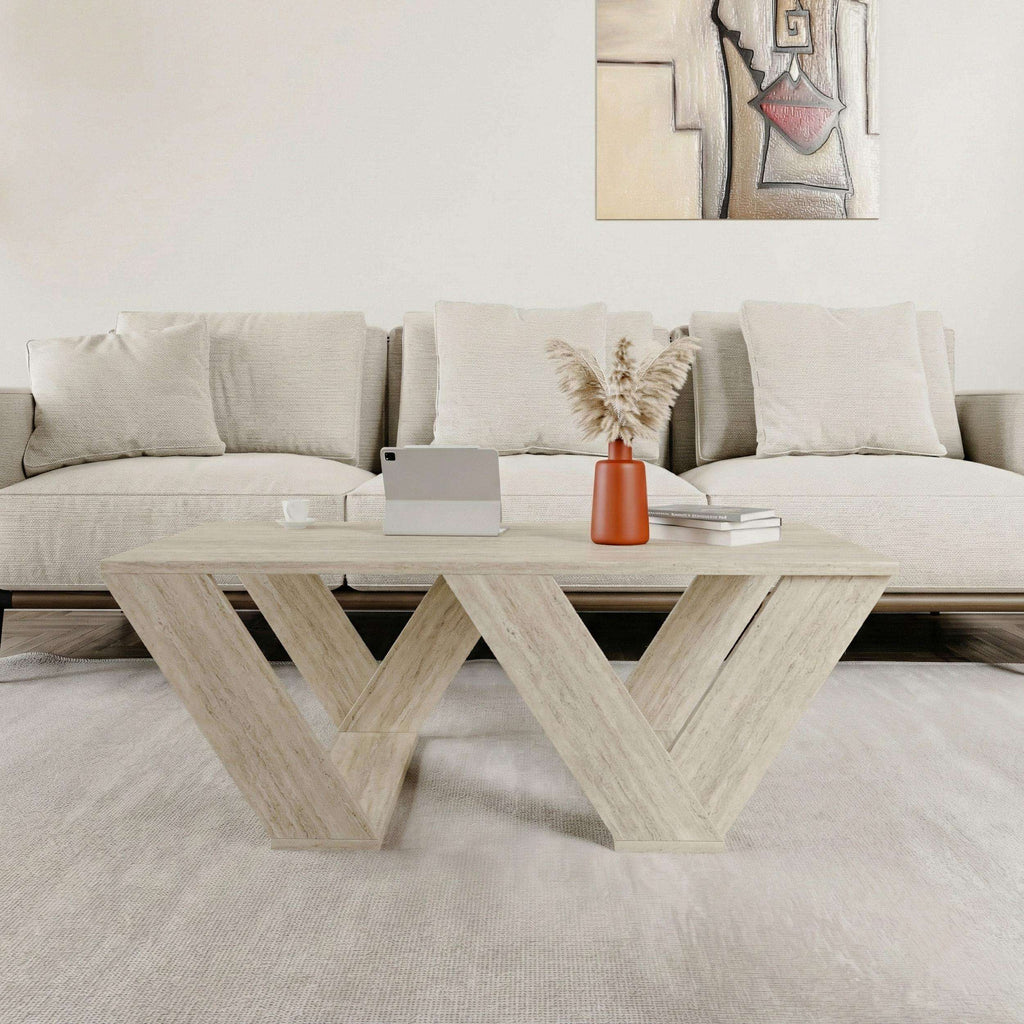 Travertine multipurpose coffee table with open chevron X-leg design