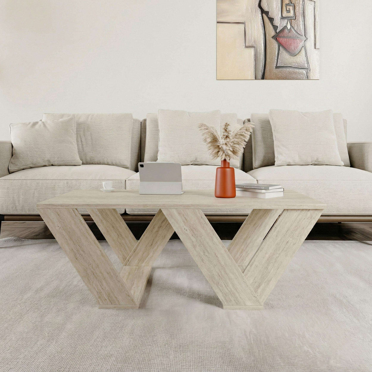 Travertine multipurpose coffee table with open chevron X-leg design