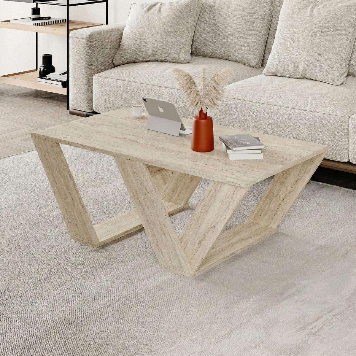 Light oak coffee table with V-style support frame and wide rectangular top