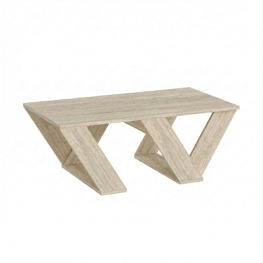 Travertine multipurpose coffee table with geometric X-leg base