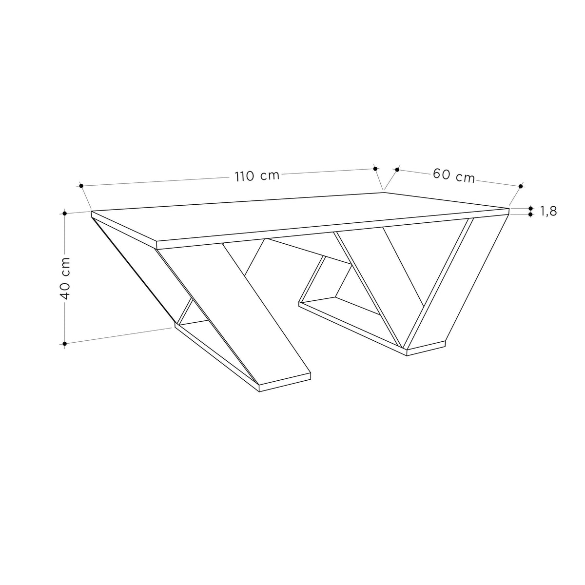 White coffee table dimensions diagram, open geometric base, 110 cm x 60 cm x 40 cm