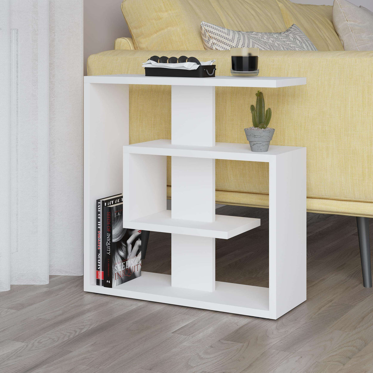 Light wood three-tier side end table with white cube shelves and open middle compartments