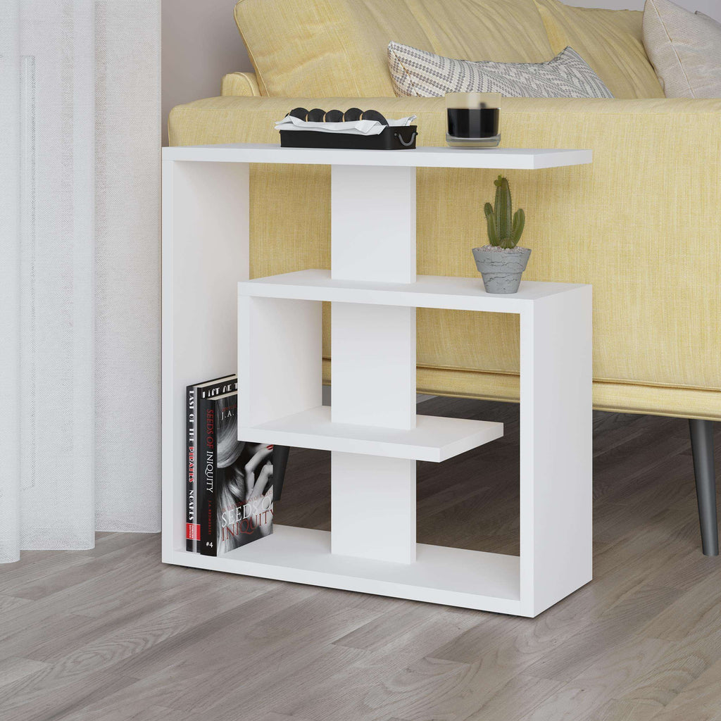 3-tier side end table with white frame and light wood open shelves