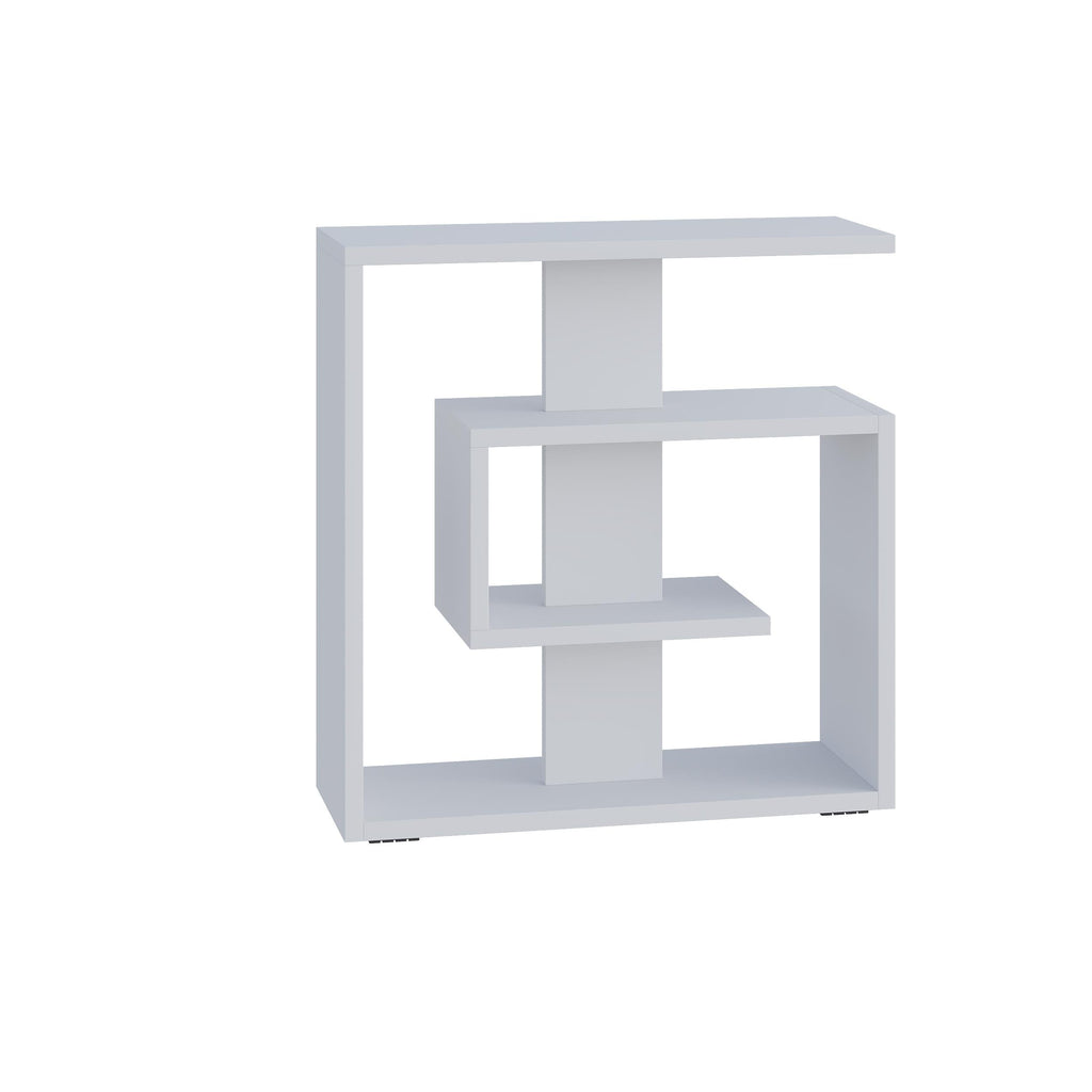 3-tier side end table in white with open cube shelving and top shelf