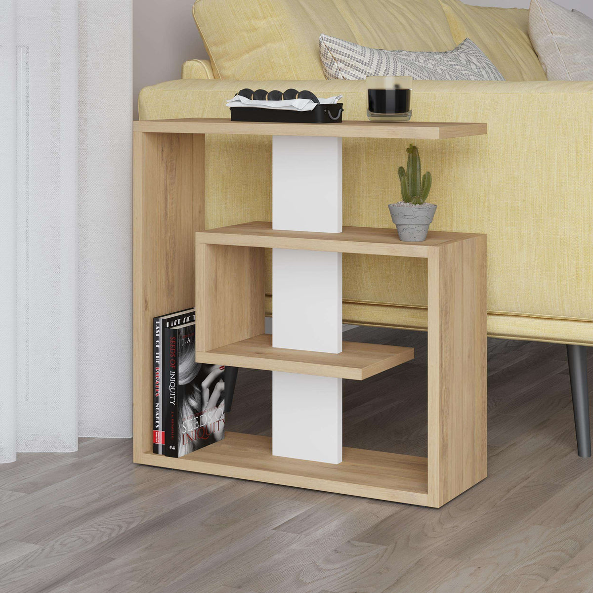 Light wood side end table with three-tier open storage and white cube shelves