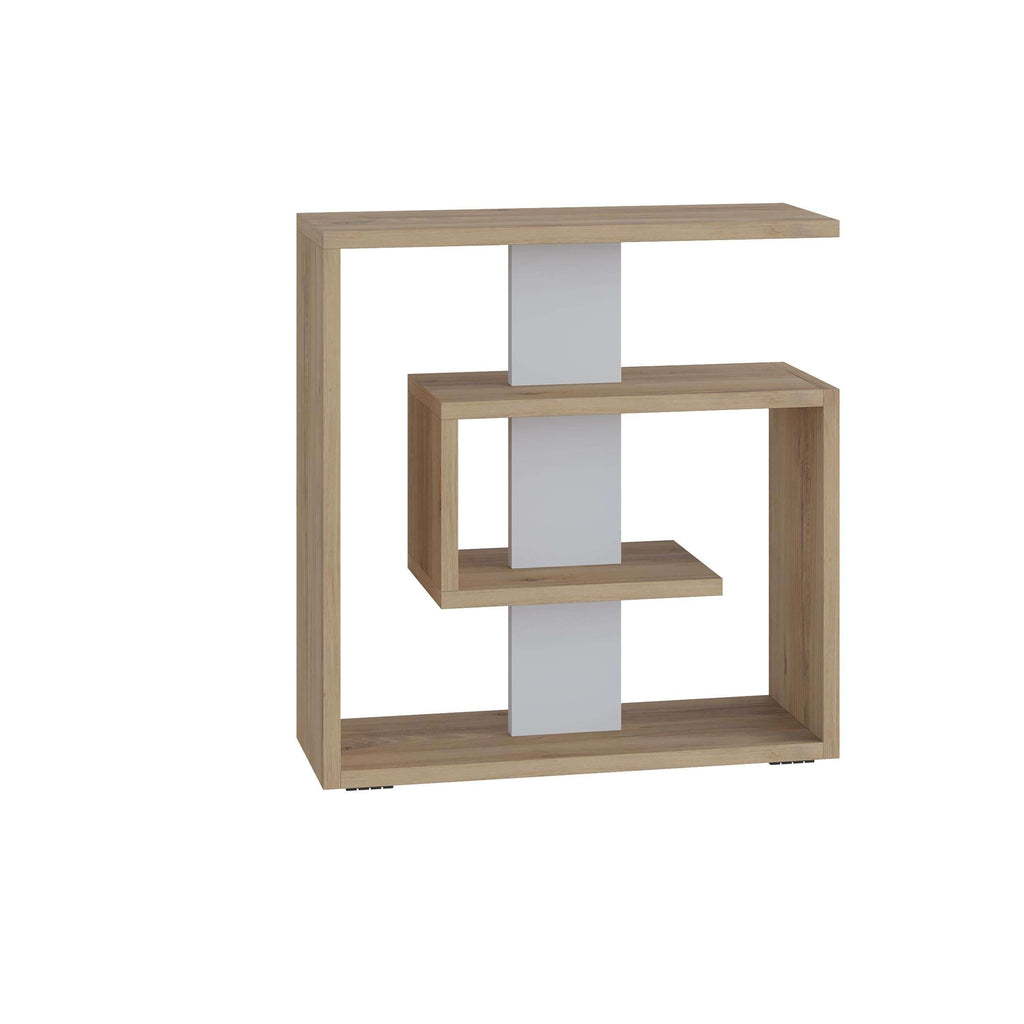 Oak-finish side end table with three-tier open storage and white central shelf panels