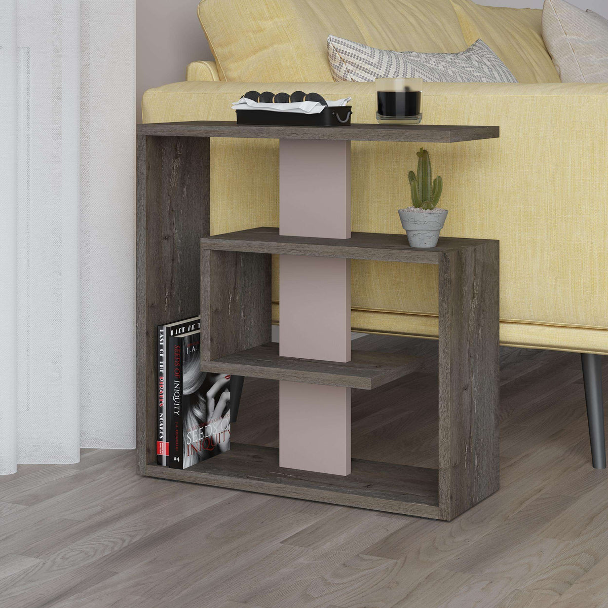 3-tier side end table with dark coffee finish and white open shelving
