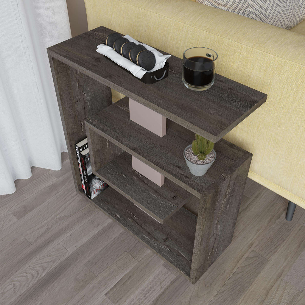 Dark coffee 3-tier side end table with open shelves and white cubby center