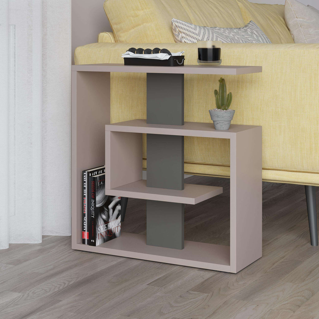 3-tier side end table with open cubby shelves in light wood and gray blocks