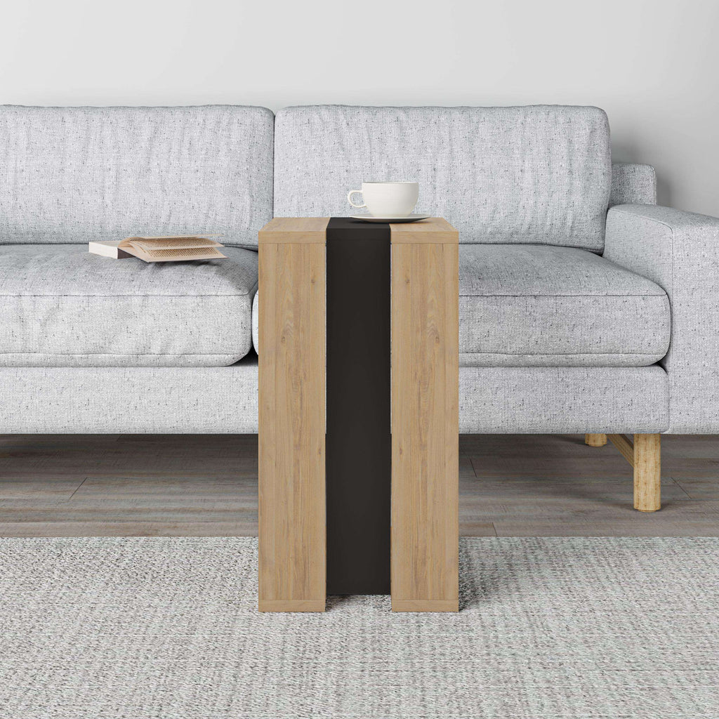 C-shaped side table in light oak, open front, 57cm height; holds a cup