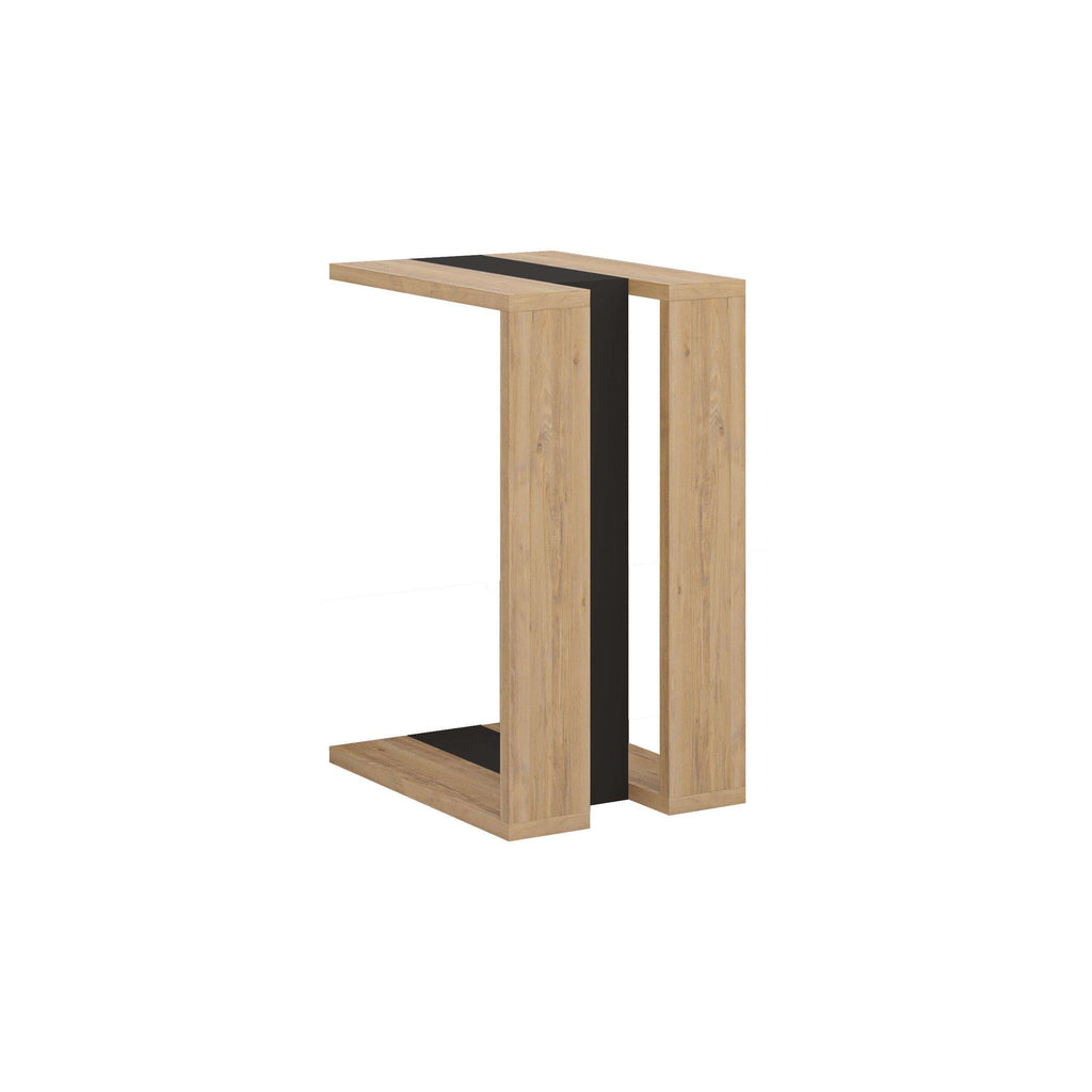 C-shaped modern side table with light wood finish and dark inner frame