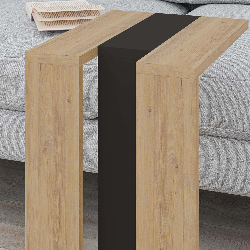 Top view of C-shaped side table with oak-look panels and dark center insert