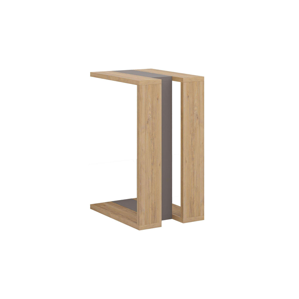 Oak C-shaped side table, two open shelves with matching wood finish